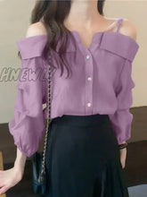Hnewly Fashion Women Shirts Sexy Off Shoulder Blouse Summer Tops Casual Straps Button Long Sleeve